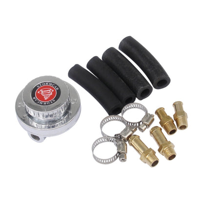 Manual adjustable fuel pressure regulator valve with black hoses, clamps, and fittings