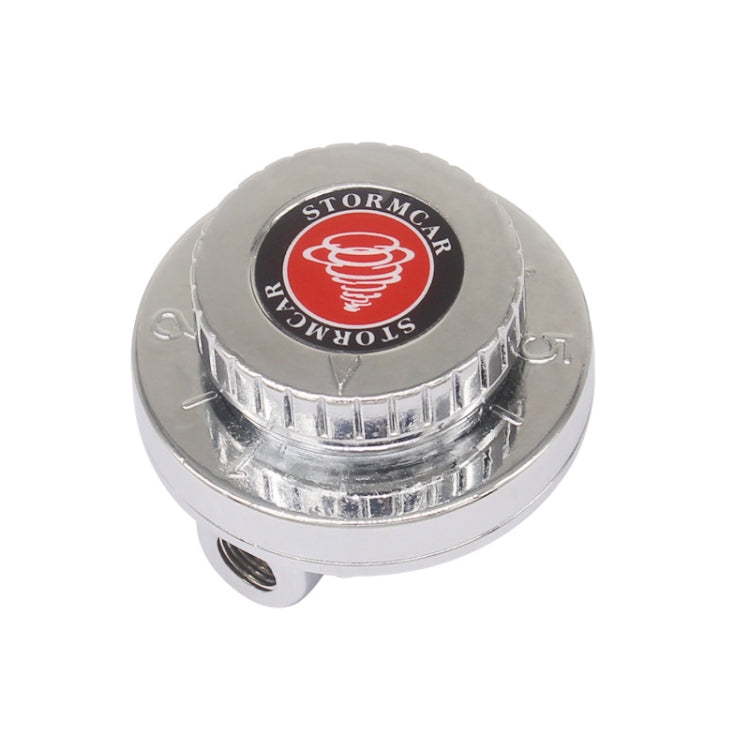 Silver fuel pressure regulator cap with red StormCar logo and adjustment port