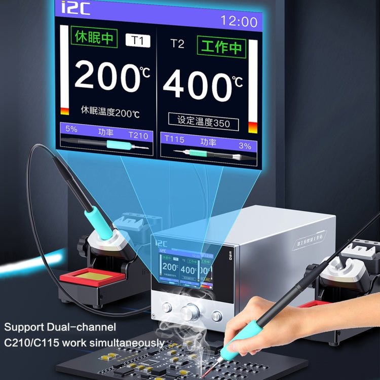 Dual welding station with screen showing 200°C and 400°C, blue iron in use
