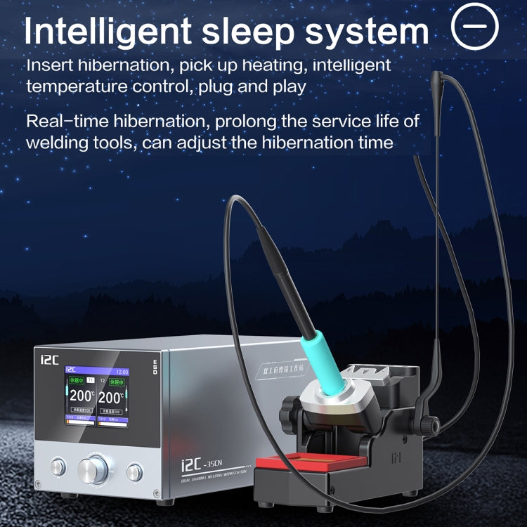 Intelligent double welding station with blue soldering tips and cable on stand