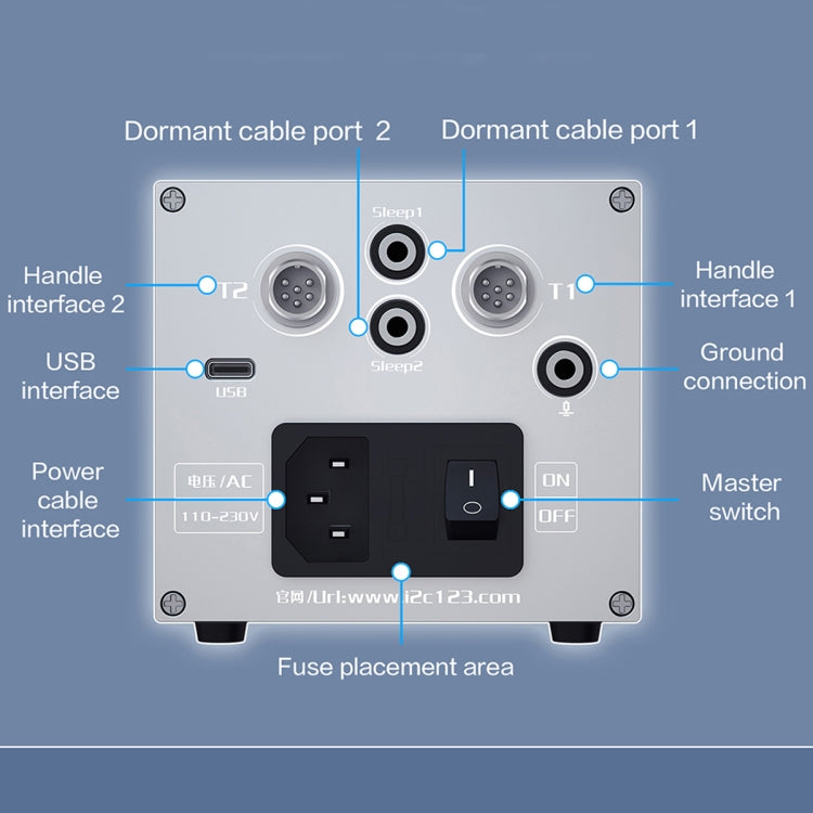 Back panel of welding station with interface ports, USB, and master power switch