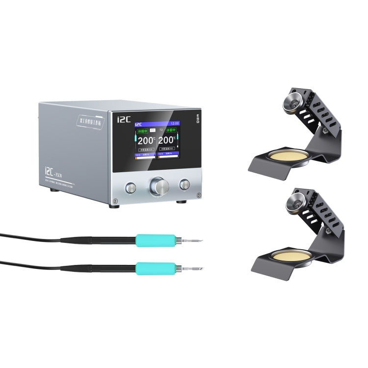Benchtop welding control unit with two blue tips and adjustable iron holders