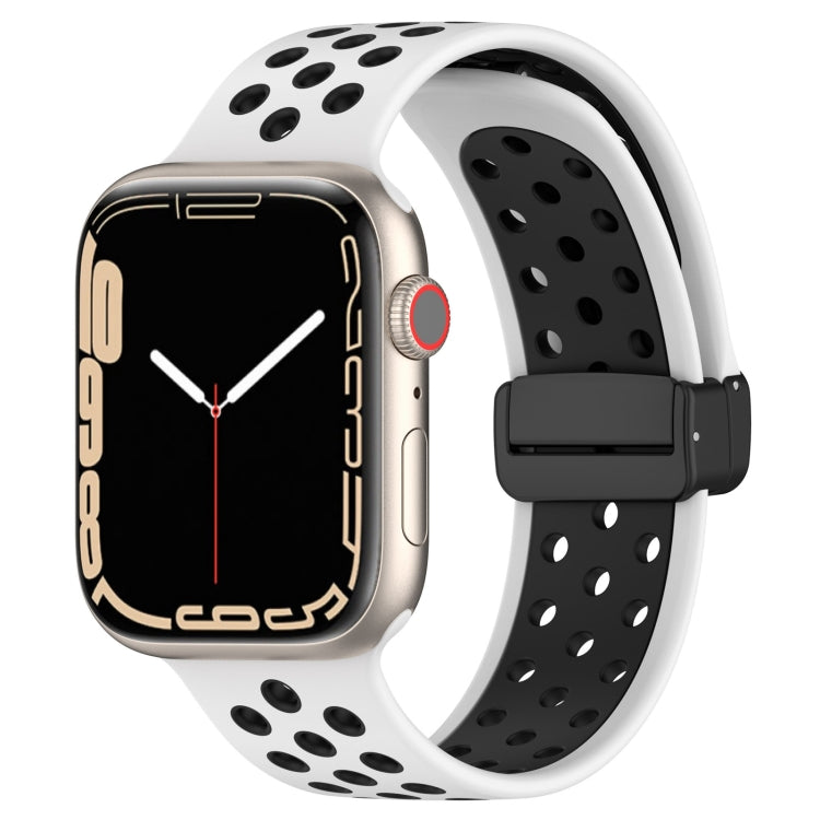 Silicone watch band with magnetic buckle, white with black perforations and black clasp
