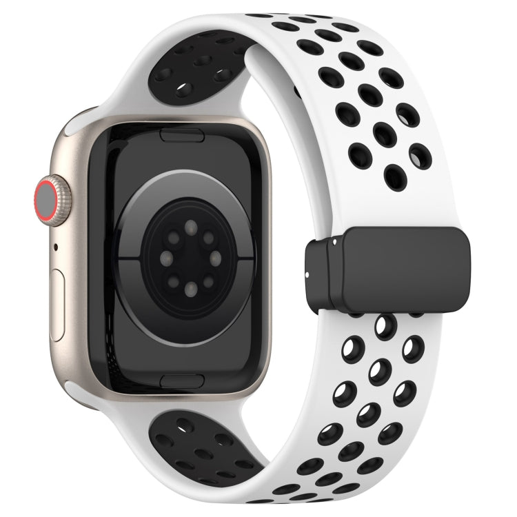Silicone watch band with magnetic buckle, white strap with black perforations and gray clasp