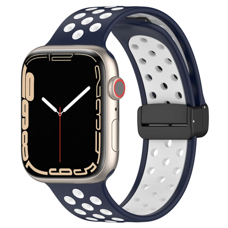 Magnetic buckle silicone watch band with navy and white dotted design and black clasp
