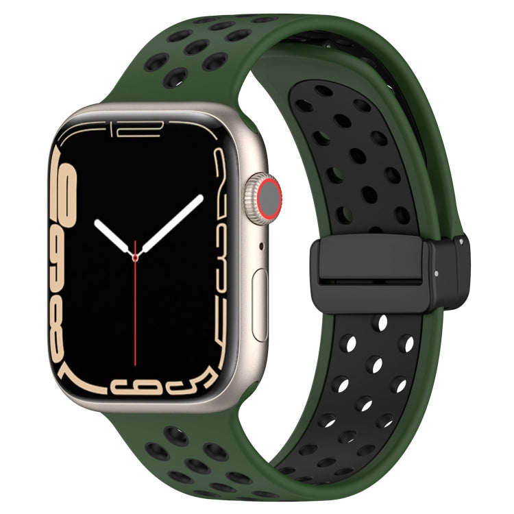 Magnetic buckle silicone watch band with olive green perforated strap and black buckle