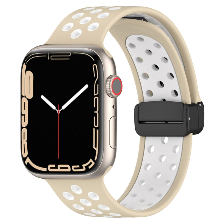 Magnetic buckle silicone watch band with beige perforated strap and black buckle