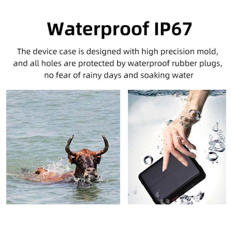 Waterproof IP67 GPS tracker with black case, shown with water splash protection