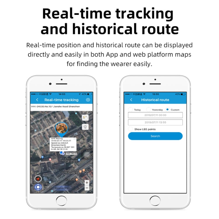 Smartphone screens showing GPS tracker real-time tracking and historical route