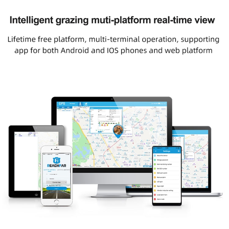 Multi-device map screens showing GPS tracker platform across phones and laptop