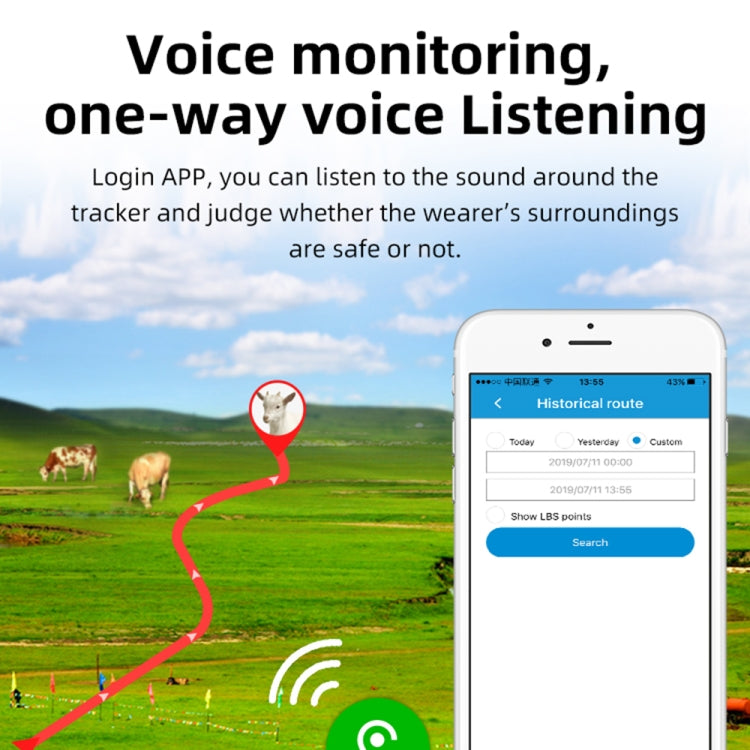 Smartphone app screen for GPS tracker voice monitoring and route history