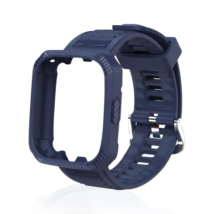 Navy blue silicone watch band with carbon-fiber texture and integrated case frame