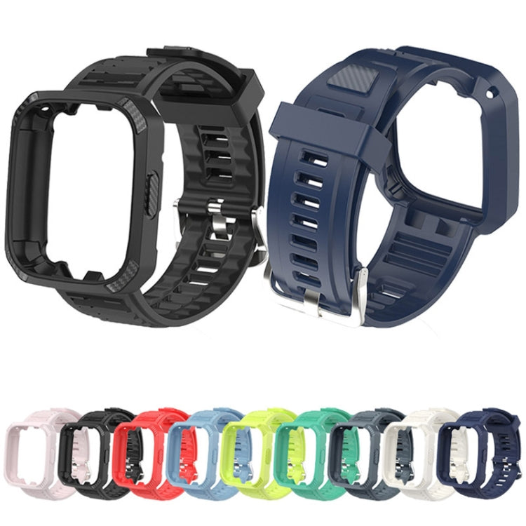 Carbon-fiber textured silicone watch band in black and dark blue, side view