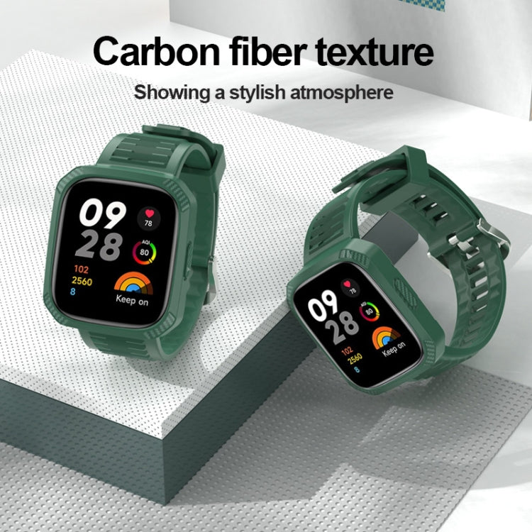 Green silicone watch band with carbon-fiber texture, smartwatch face visible