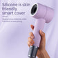 Purple silicone protective case for Dyson hairdryer, with round opening at nozzle