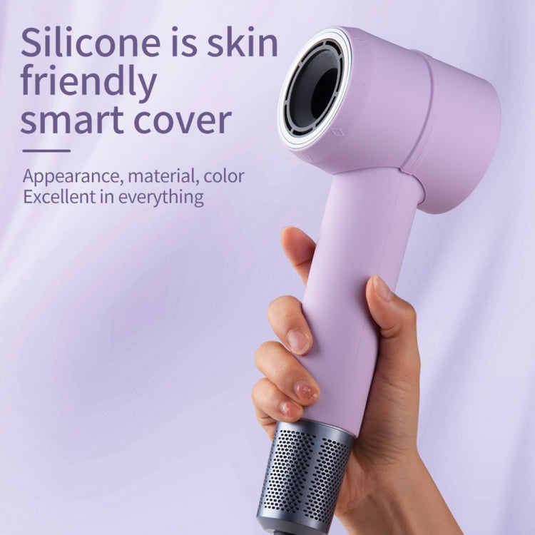 Purple silicone protective case for Dyson hairdryer, with round opening at nozzle