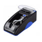 Automatic cigarette rolling machine with blue side panel and clear top hopper, closed view