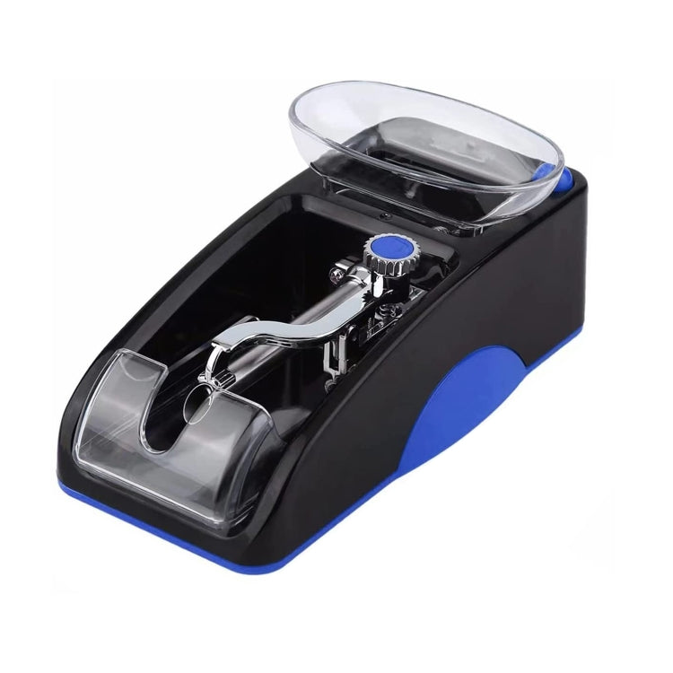 Automatic cigarette rolling machine with blue side panel and clear top hopper, closed view