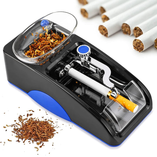 Automatic cigarette rolling machine with blue accents and clear tobacco hopper, shown open