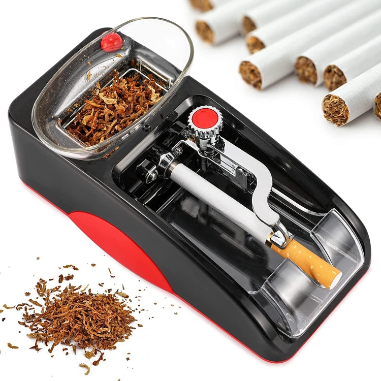 Automatic cigarette rolling machine with red accents and clear hopper, interior loading view