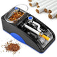 Automatic cigarette rolling machine with blue accents and clear hopper, close angled view