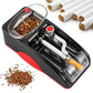 Automatic cigarette rolling machine with red accents and clear hopper, close angled view