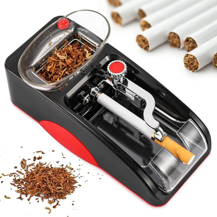 Automatic cigarette rolling machine with red accents and clear hopper, close angled view