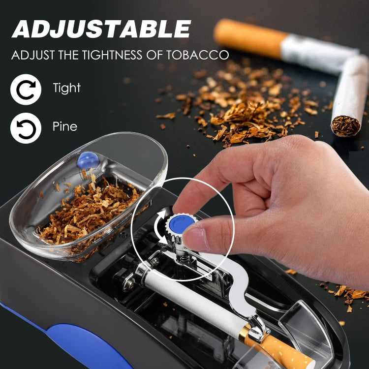 Automatic cigarette rolling machine with blue control knob, hand adjusting tightness
