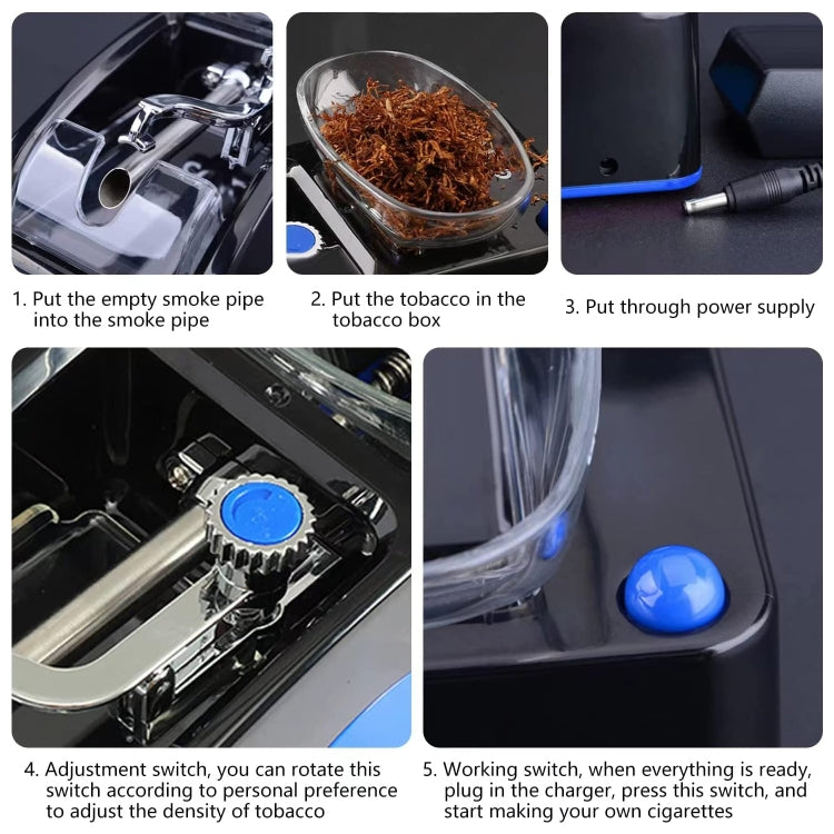 Automatic cigarette rolling machine steps detail with blue button and clear tobacco container
