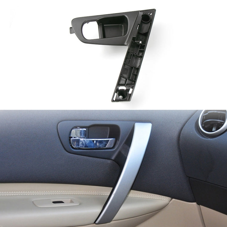 Black interior door handle base bracket with mounting clips and cutout opening