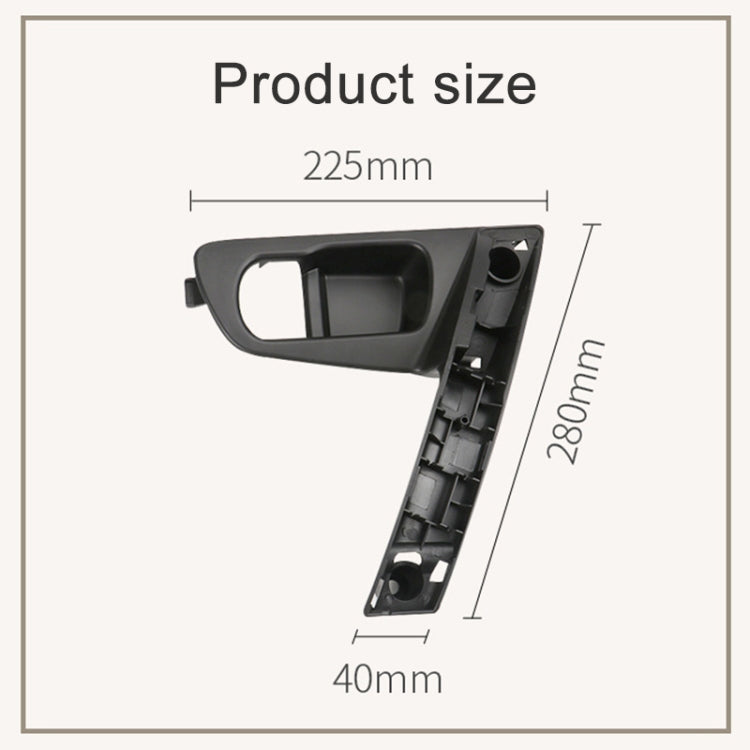 Black interior door handle base bracket, side profile with mounting tabs