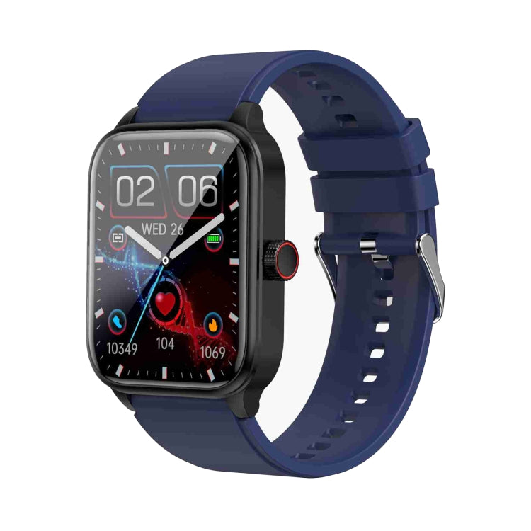 Blue silicone strap smartwatch with square display showing fitness widgets