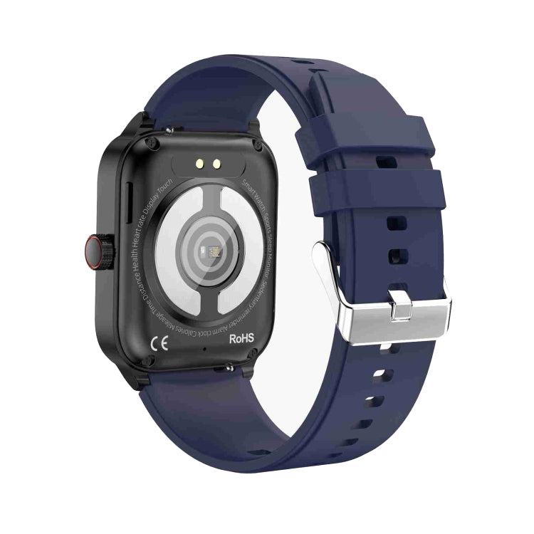 Blue silicone strap smartwatch back with sensor cover and metal clasp