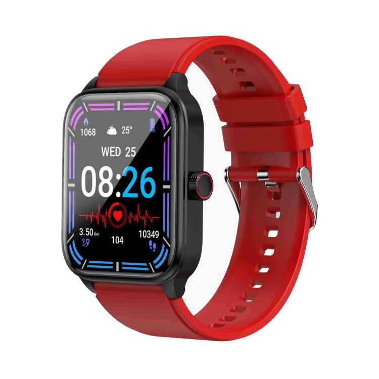 Red silicone strap smartwatch with square display showing time and metrics