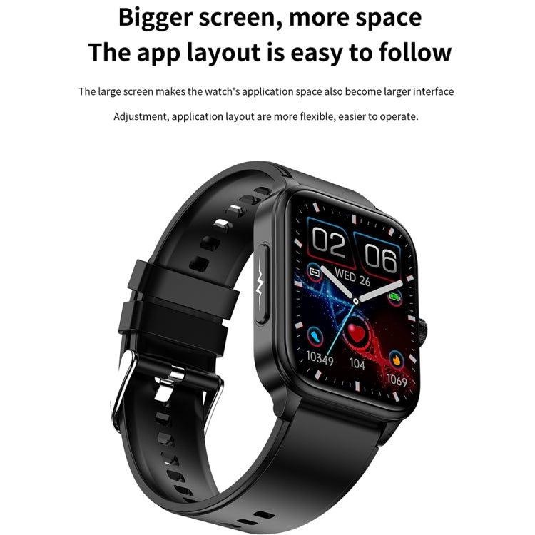 Black silicone strap smartwatch angled view with bright square screen