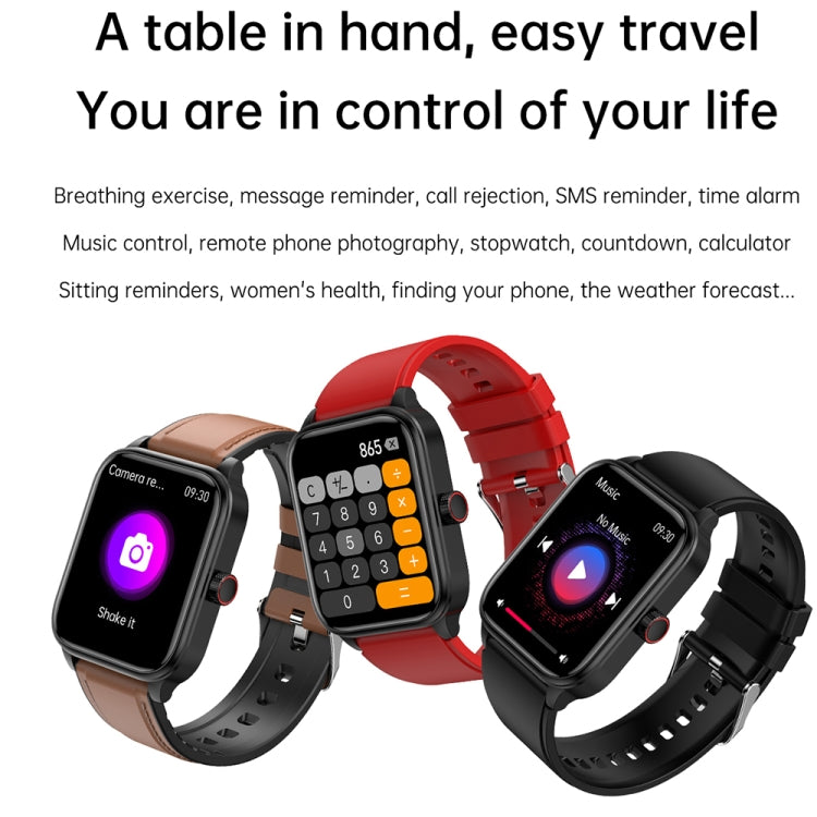 Three silicone strap smartwatches in black, tan, and red with screens