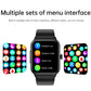 Black silicone strap smartwatch centered with colorful menu icons on screen