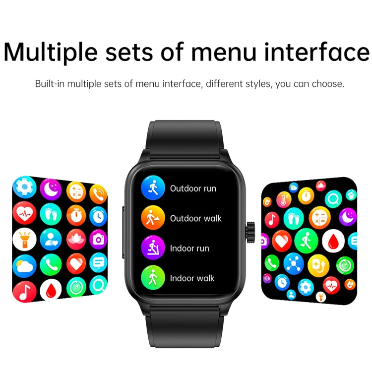 Black silicone strap smartwatch centered with colorful menu icons on screen
