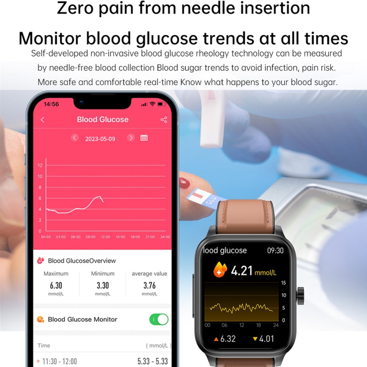 Black silicone strap smartwatch showing blood glucose trend chart on display