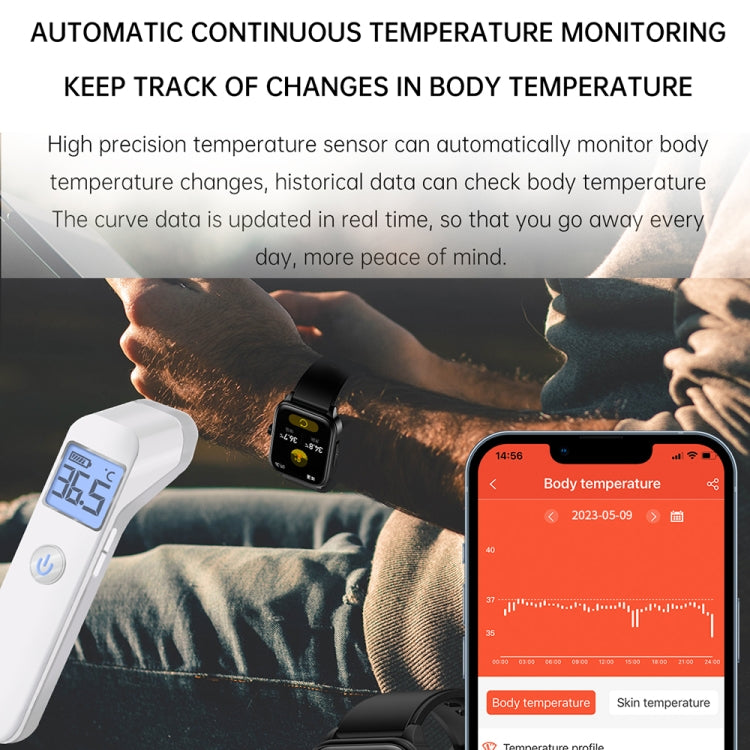 Black silicone strap smartwatch showing body temperature screen