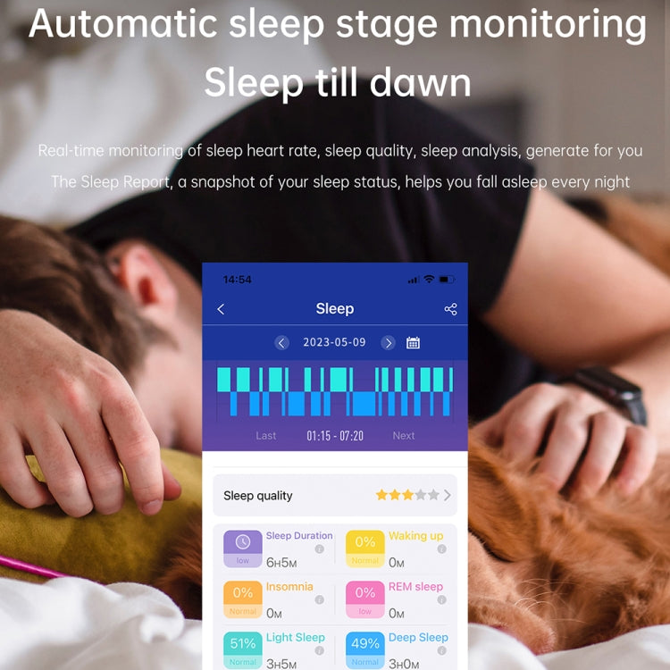 Black silicone band smartwatch with sleep stage chart on bright display