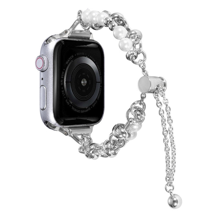 Pearl bracelet metal watch band with silver chain and white pearl beads, for Apple Watch