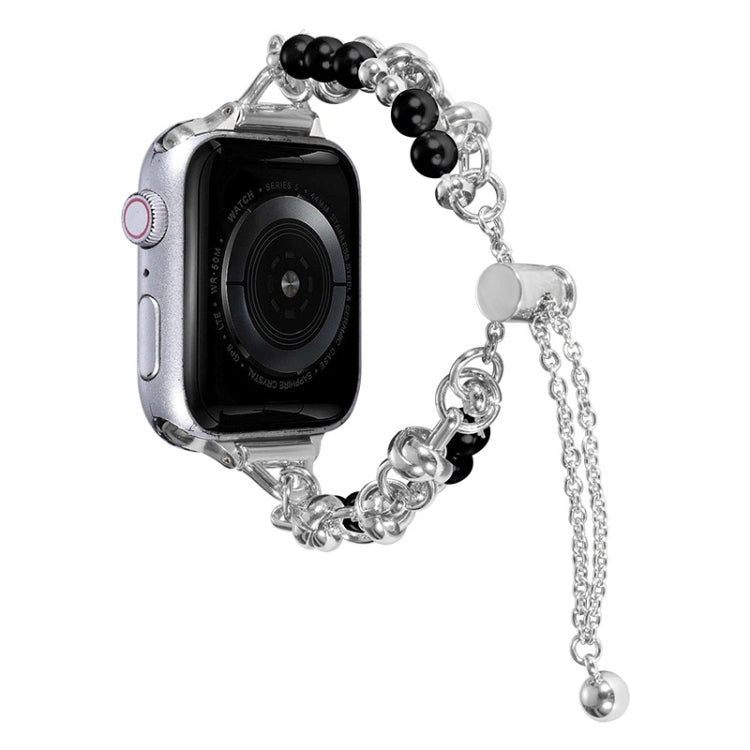 Pearl bracelet metal watch band with white pearls and black bead row, silver chain links