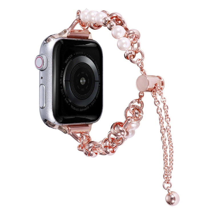 Pearl bracelet metal watch band with rose-gold chain, pink pearls, and end drop charm
