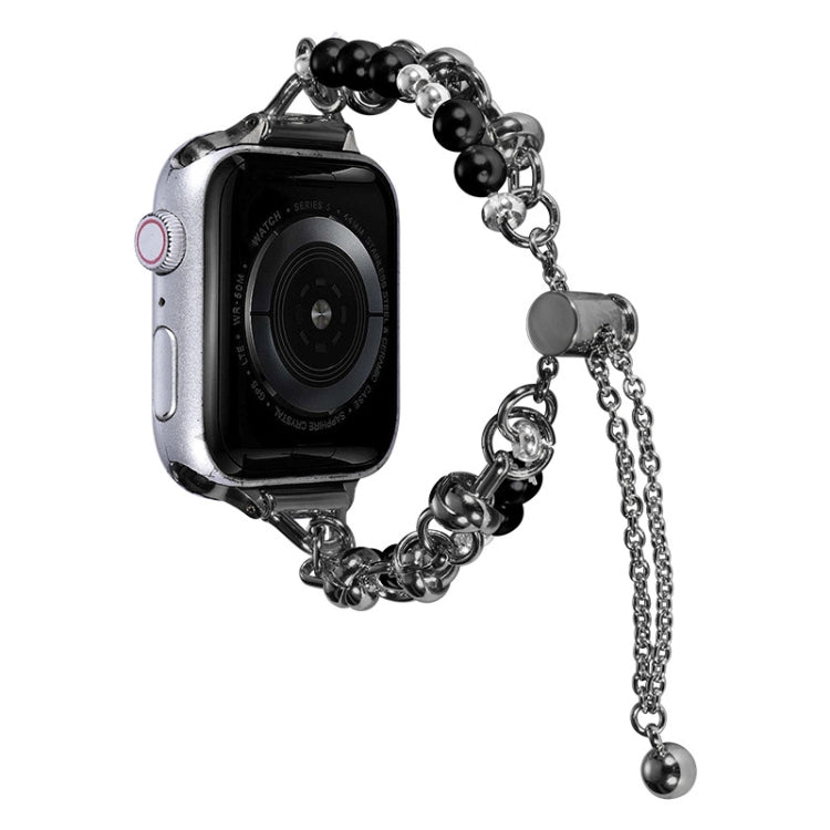 Pearl bracelet metal watch band with silver chain, black beads, and dangling charm