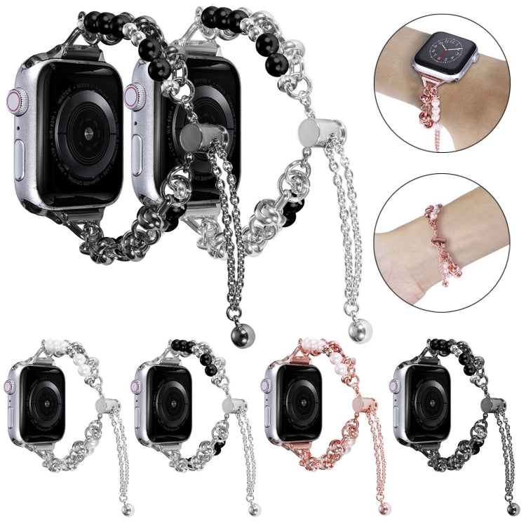 Pearl beaded metal watch band with chain links and dangling charms for Apple Watch