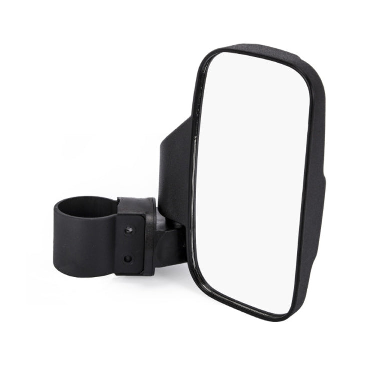 Black UTV rear view mirror with clamp mount and wide rectangular mirror glass