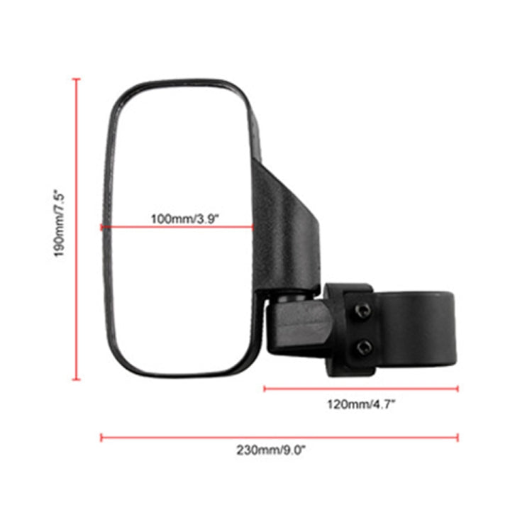 Dimension diagram of UTV rear view mirror and clamp bracket in black