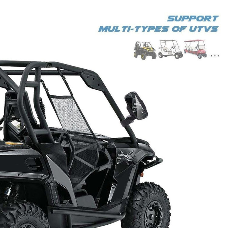 UTV with black side rear view mirrors mounted on the roll cage