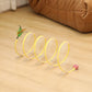Foldable S-shaped cat tunnel with yellow spring coils and hanging feather and pink mouse toys